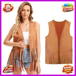 Faux Suede Fringe Vest Sleeveless Western Hippie Costume XXL